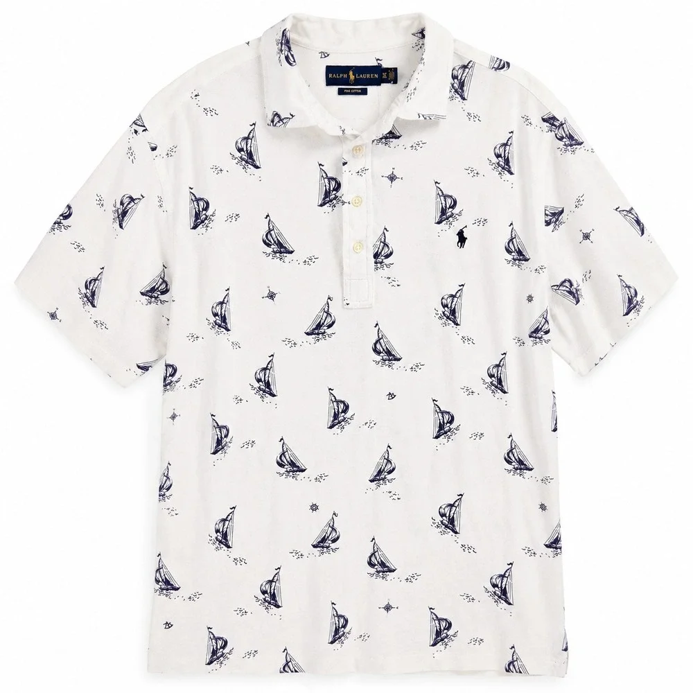Ralph Lauren Knit Oxford Mens XLT Sailboat Print White Cotton Polo Preppy Yacht